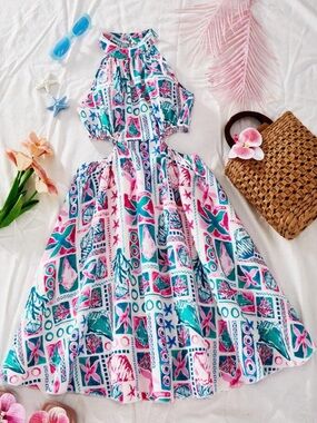 Girls' Tropical Print Halter Cutout Dress - Pink & Teal